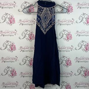 Free People tallow dress mock neck open back Navy and Beige Backless Dress